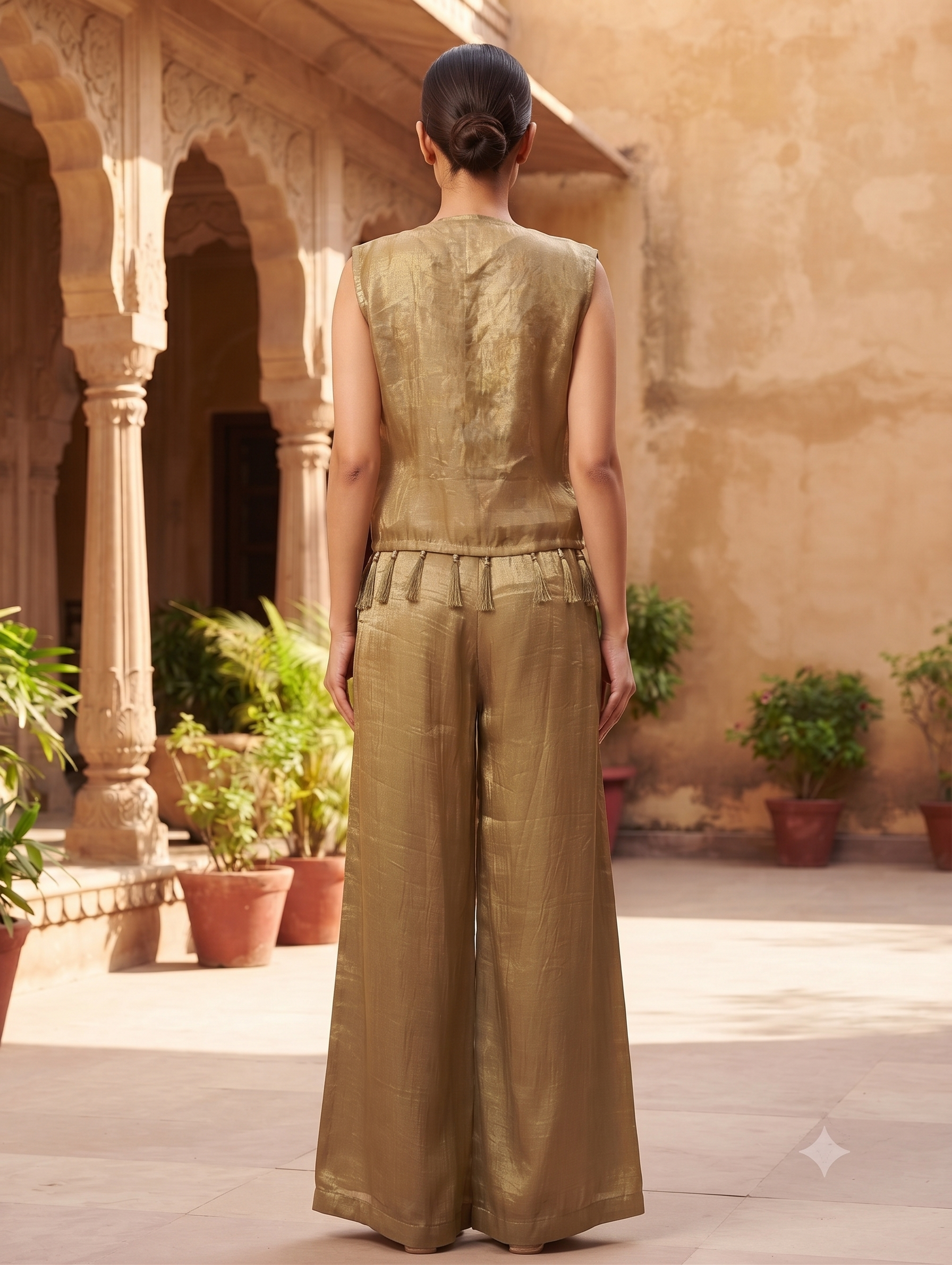 Olive Gold Embellished Crop Top, Jacket and Palazzo Set - Image 4