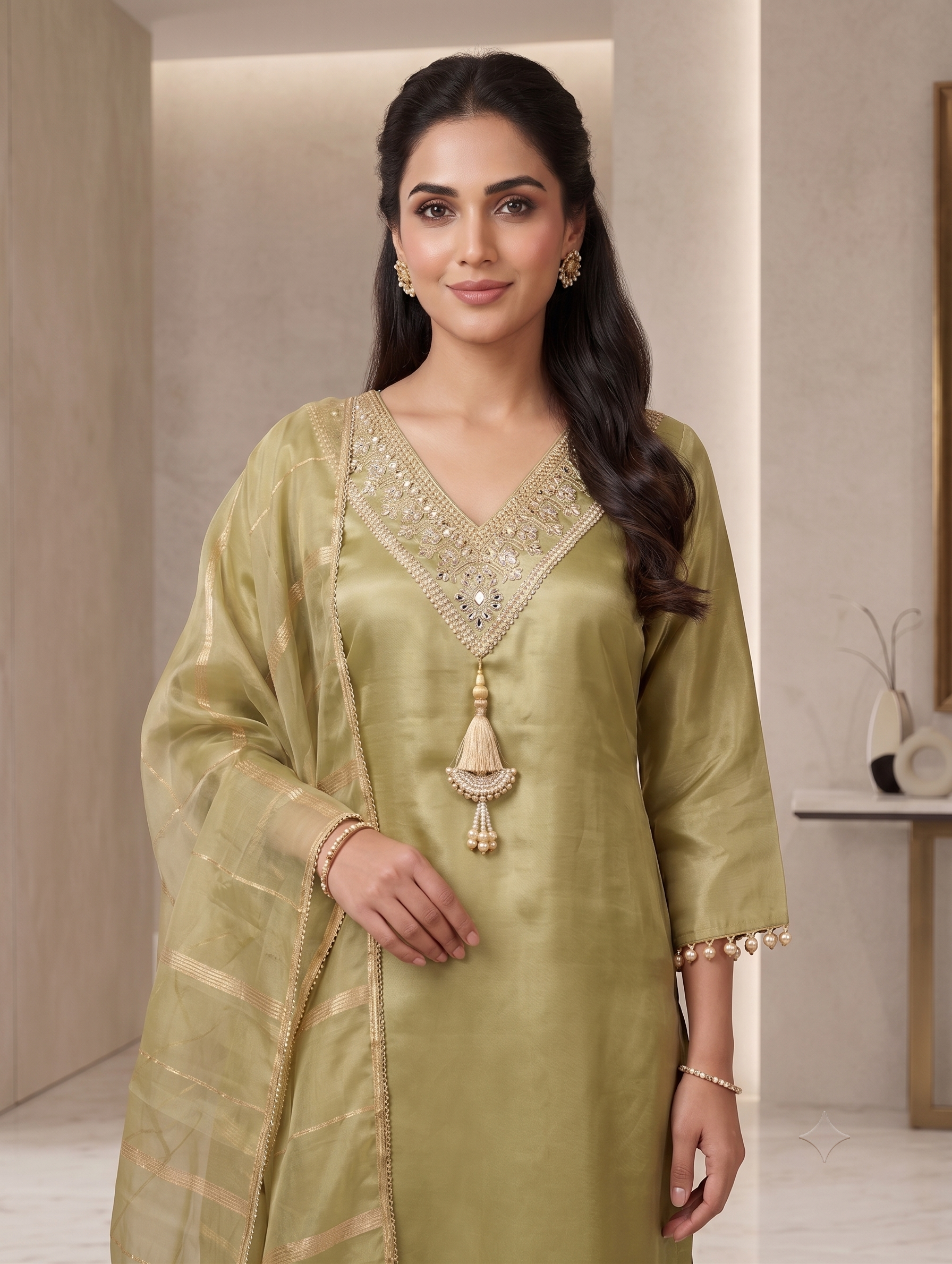 Olive Grace Embellished Silk Kurta 3 Set with Dupatta - Image 2