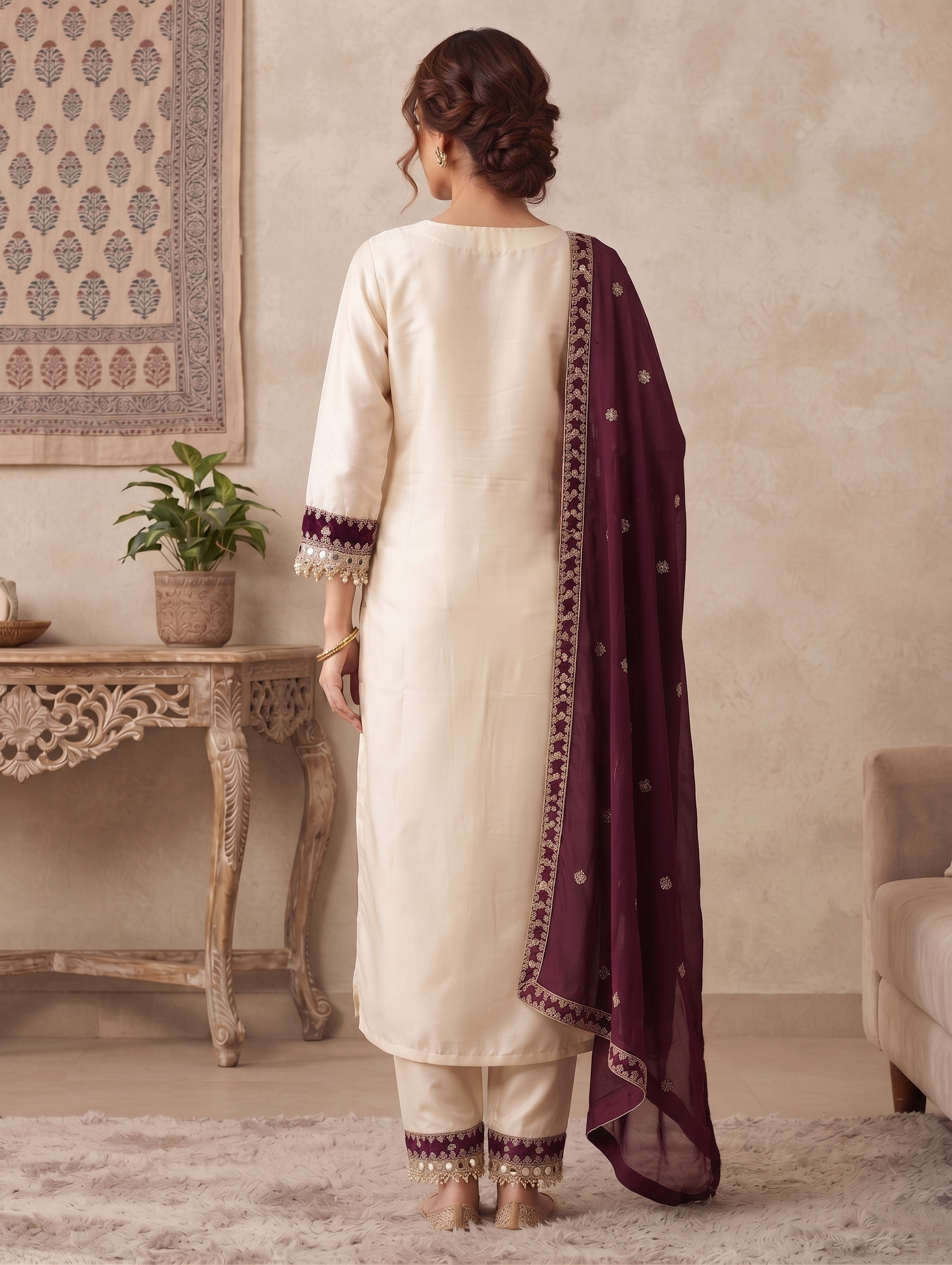 Ivory & Wine Embroidered Chanderi Silk Kurti with Pant & Dupatta Set 3 - Image 3