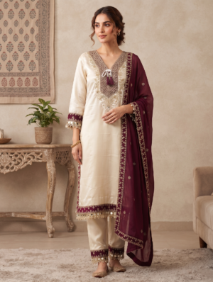 Ivory & Wine Embroidered Chanderi Silk Kurti with Pant & Dupatta Set 3