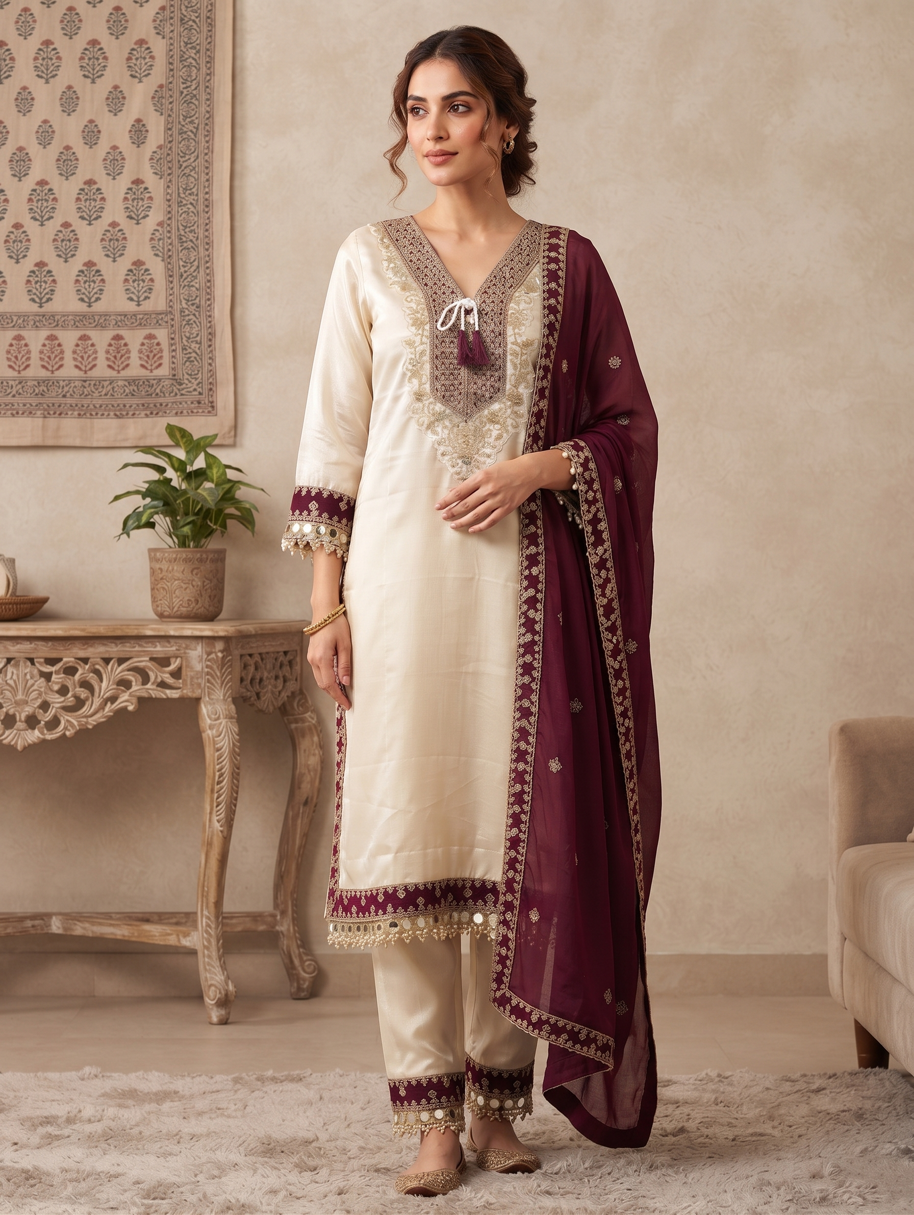 Ivory & Wine Embroidered Chanderi Silk Kurti with Pant & Dupatta Set 3