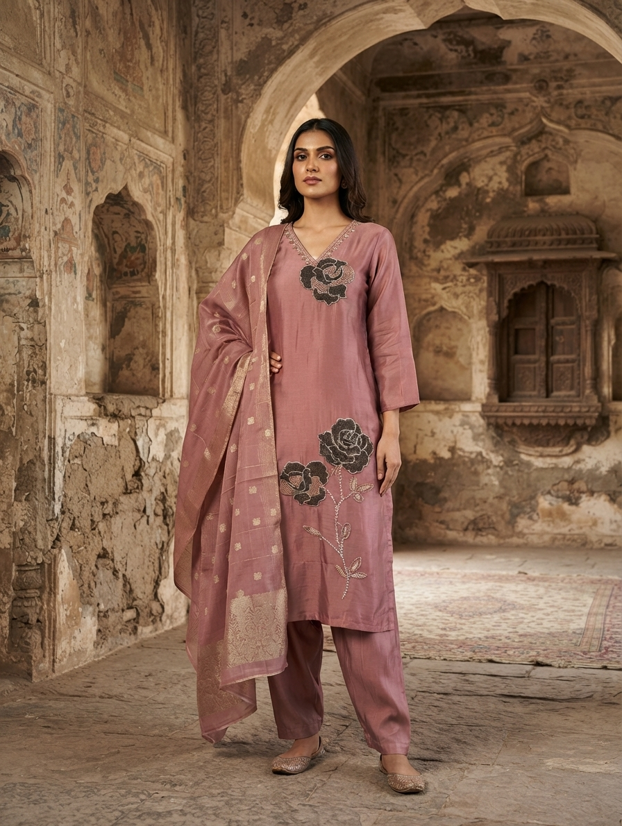 Dusty Rose Handcrafted Floral Embroidered Chanderi Kurti Set 3