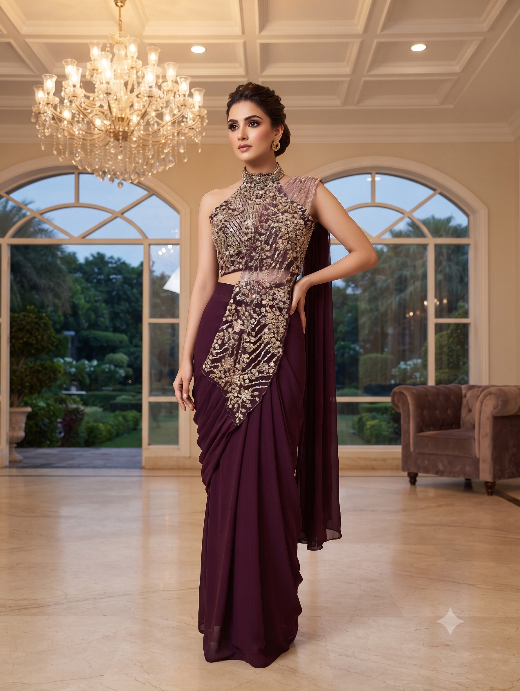 Royal Wine Designer Pre-Draped Halter Saree