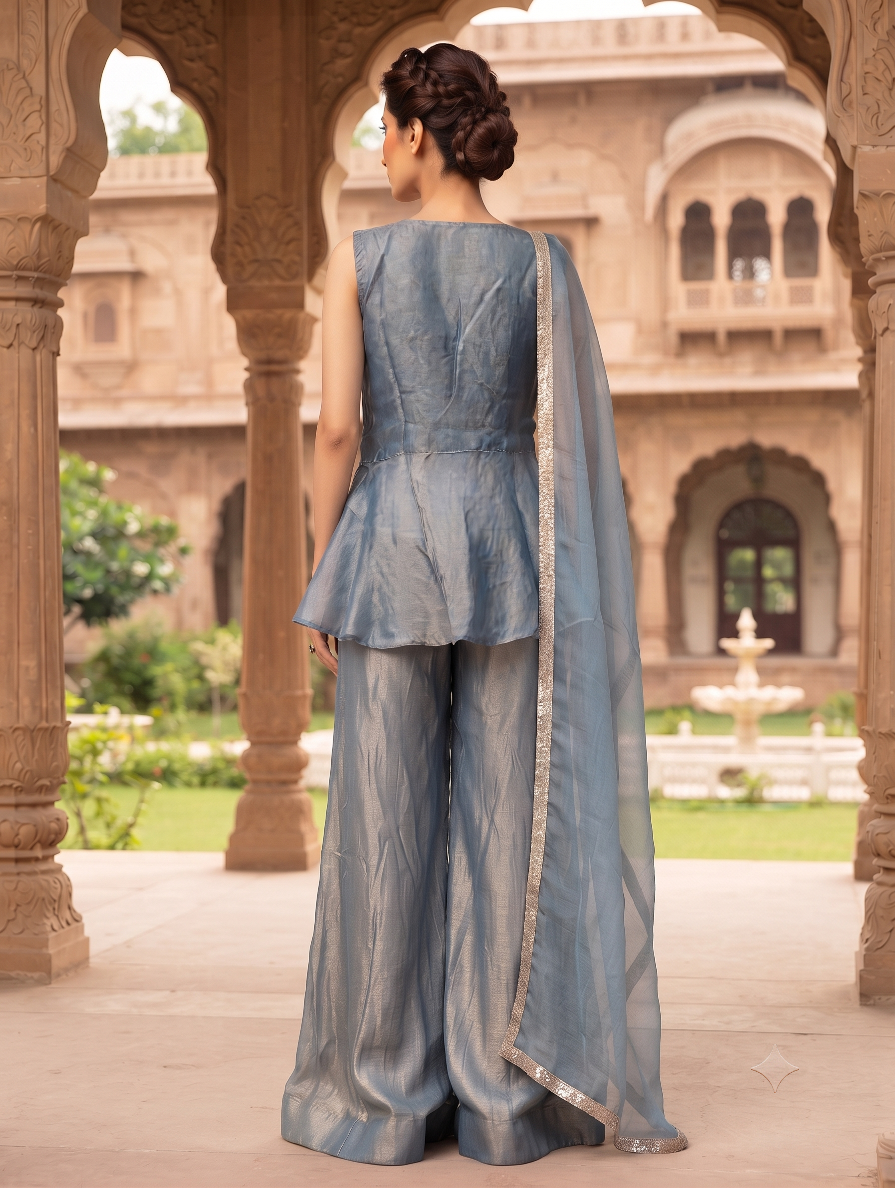 Steel Grey Embellished Peplum Sharara Set - Image 3