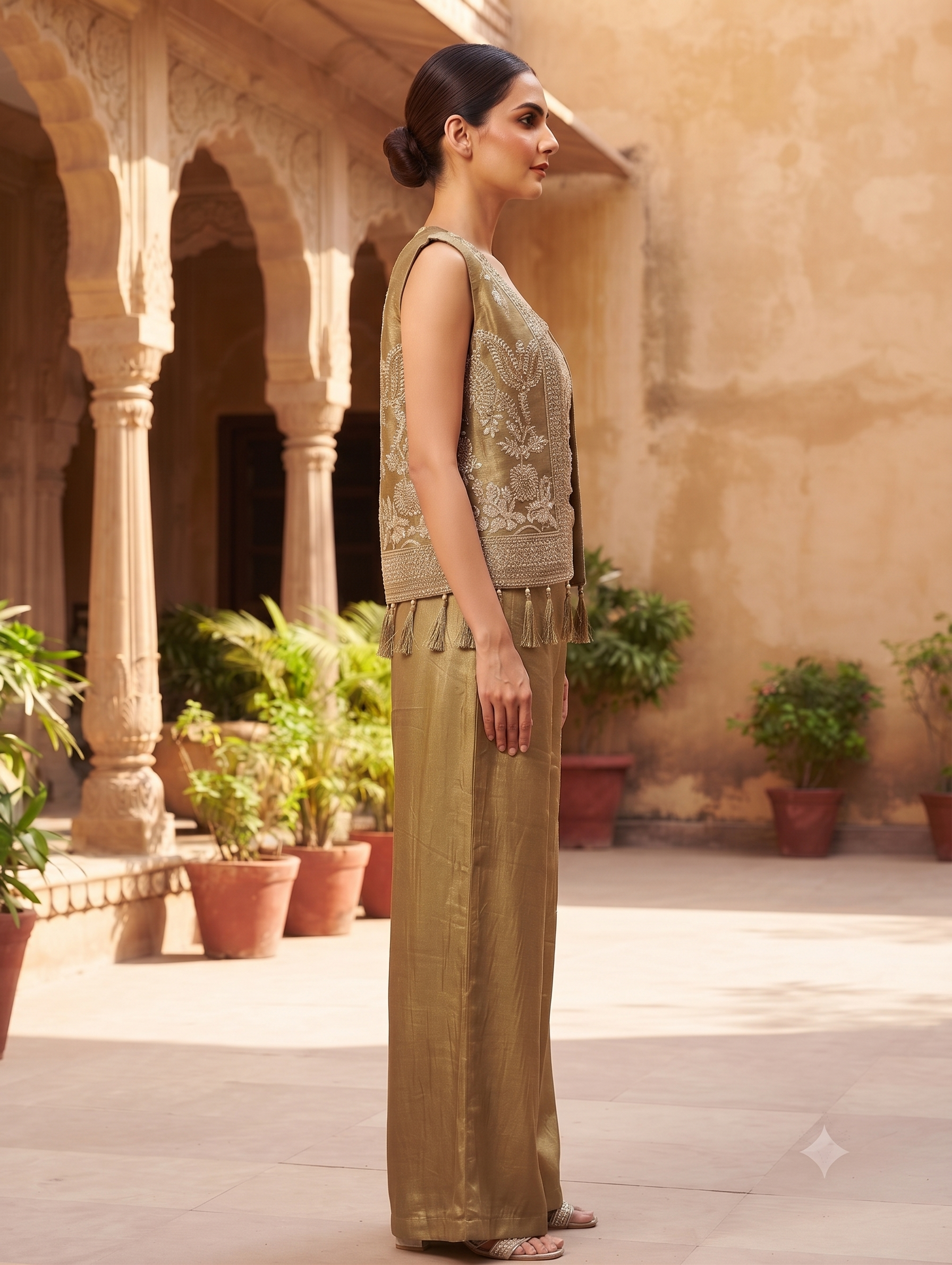 Olive Gold Embellished Crop Top, Jacket and Palazzo Set - Image 3