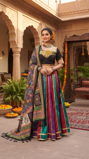 Multicoloured Patched & Striped Festive Designer Chaniya Choli