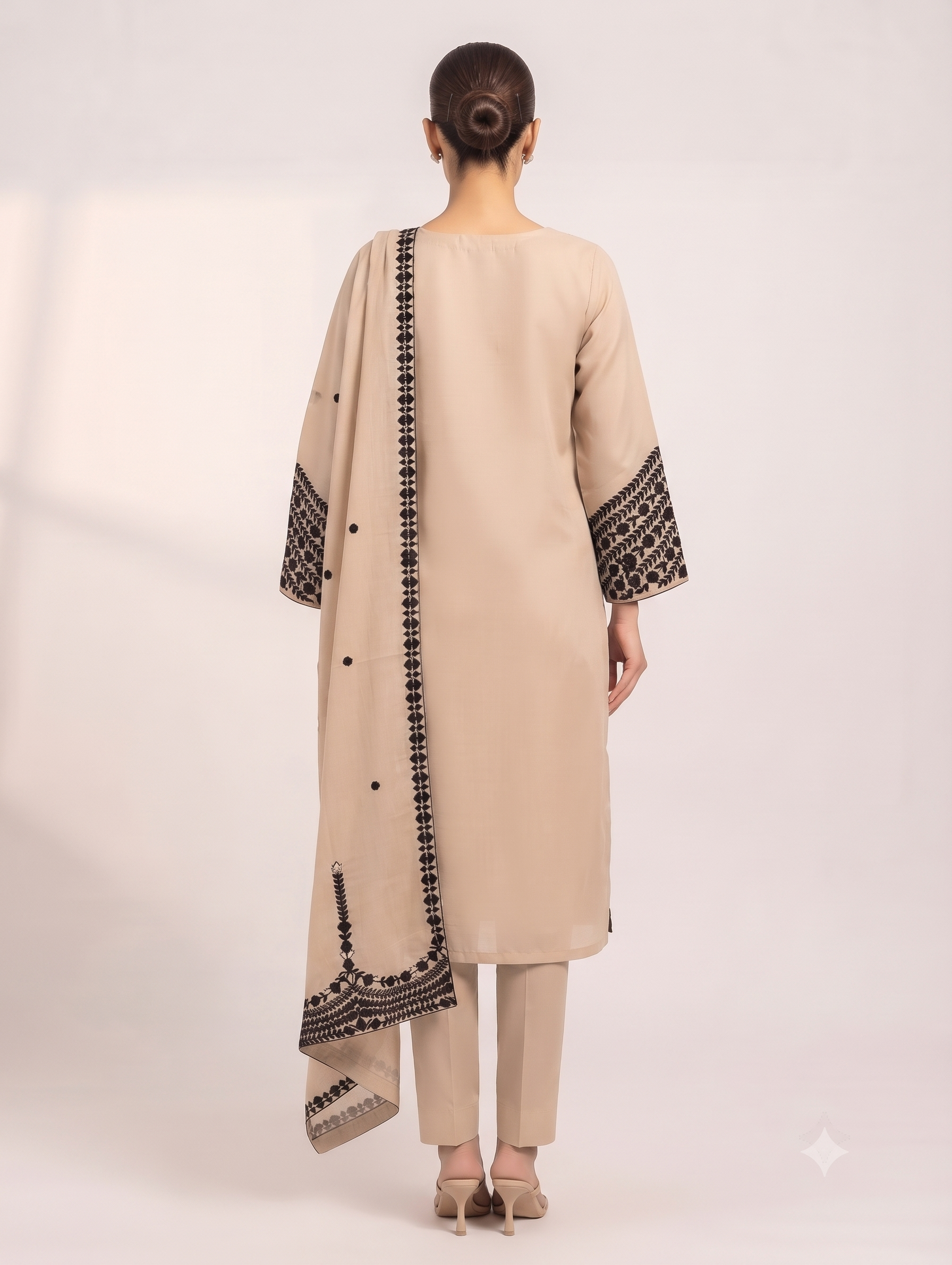 Classic Beige & Black Embroidered Chanderi Kurti Set - Image 3