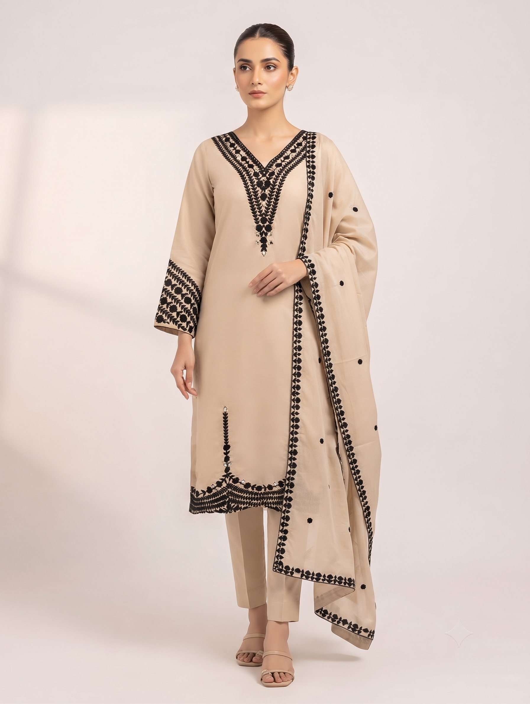 Classic Beige & Black Embroidered Chanderi Kurti Set