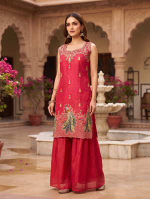 "Royal Rani Pink Embroidered Kurta and Sharara Cord Set