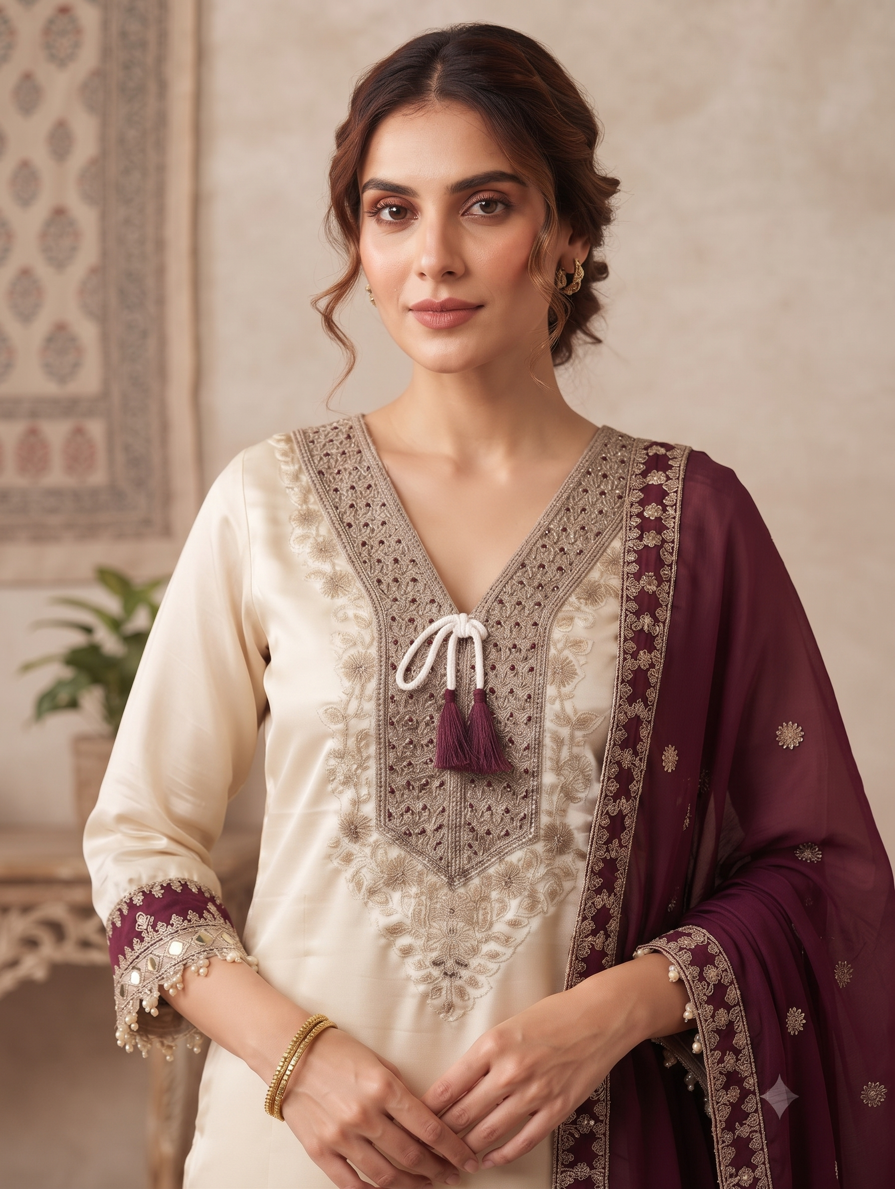 Ivory & Wine Embroidered Chanderi Silk Kurti with Pant & Dupatta Set 3 - Image 2