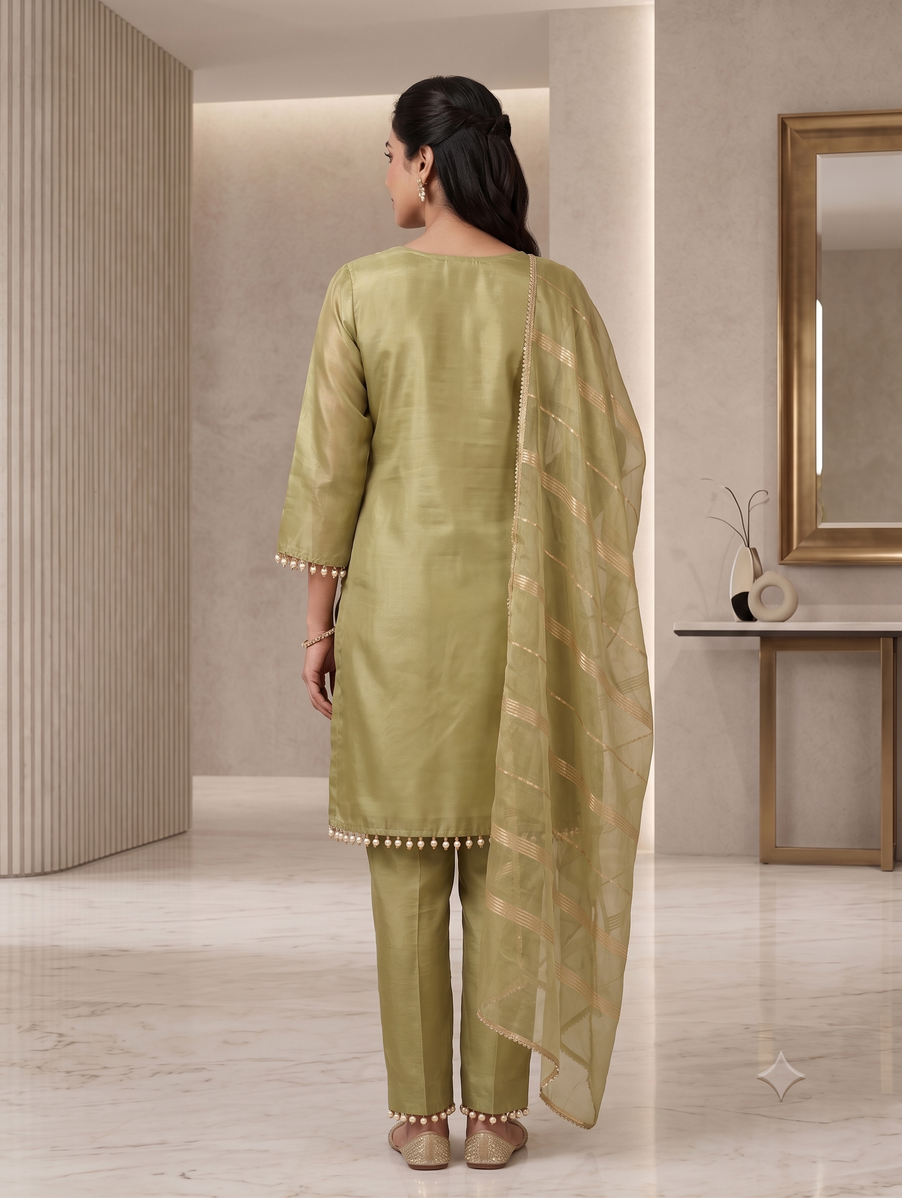 Olive Grace Embellished Silk Kurta 3 Set with Dupatta - Image 3