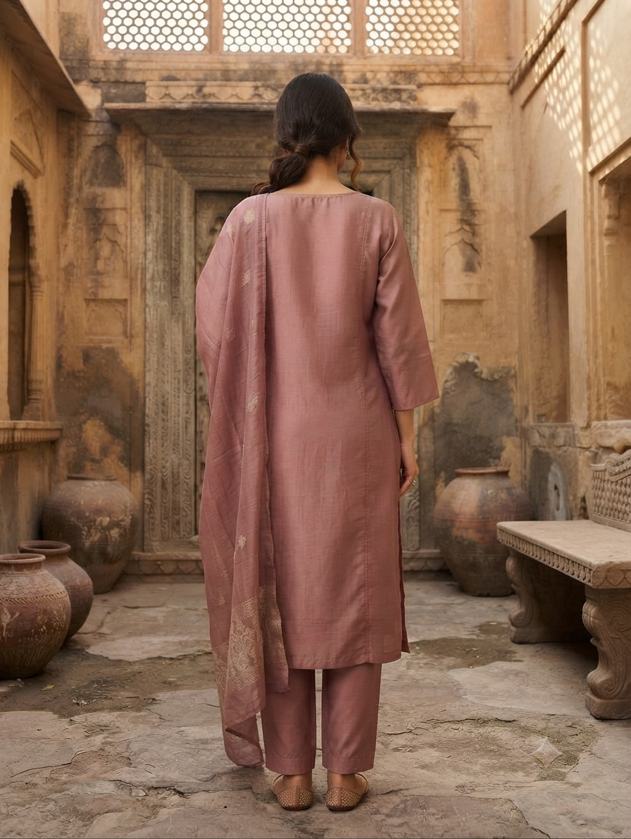 Dusty Rose Handcrafted Floral Embroidered Chanderi Kurti Set 3 - Image 3