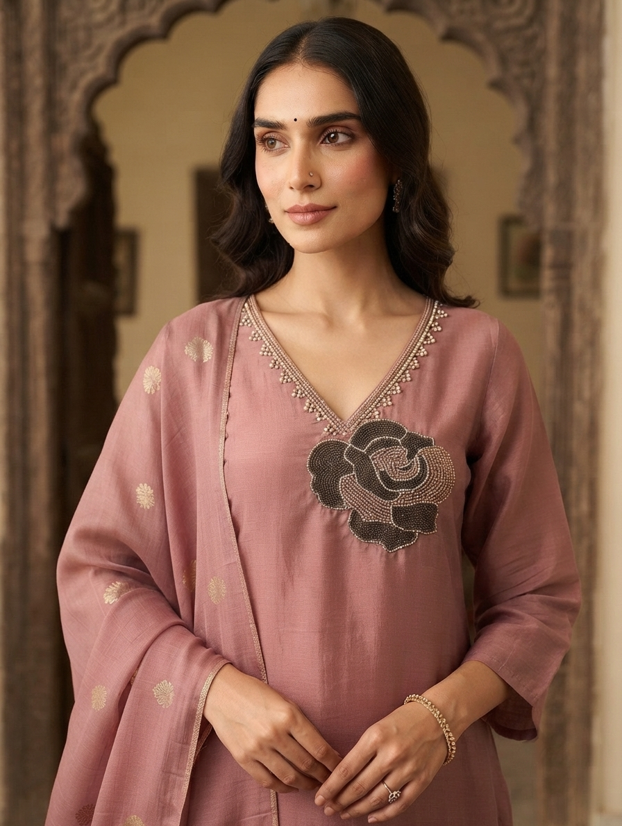 Dusty Rose Handcrafted Floral Embroidered Chanderi Kurti Set 3 - Image 2