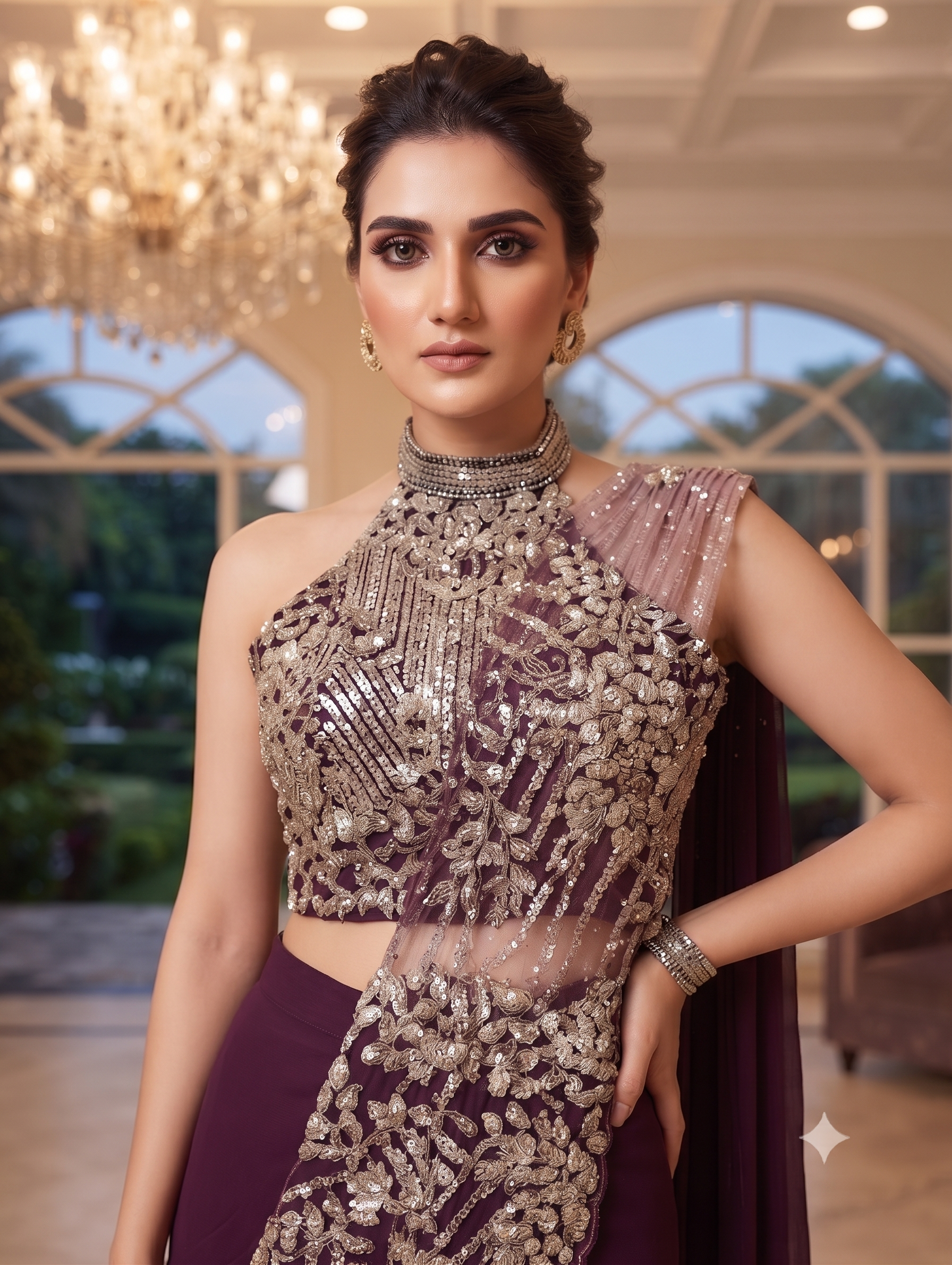 Royal Wine Designer Pre-Draped Halter Saree - Image 2