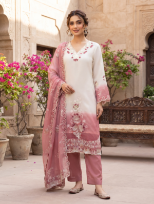 Ivory & Dusty Pink Ombre Shaded Chanderi Silk Embroidered Kurta Set with Dupatta