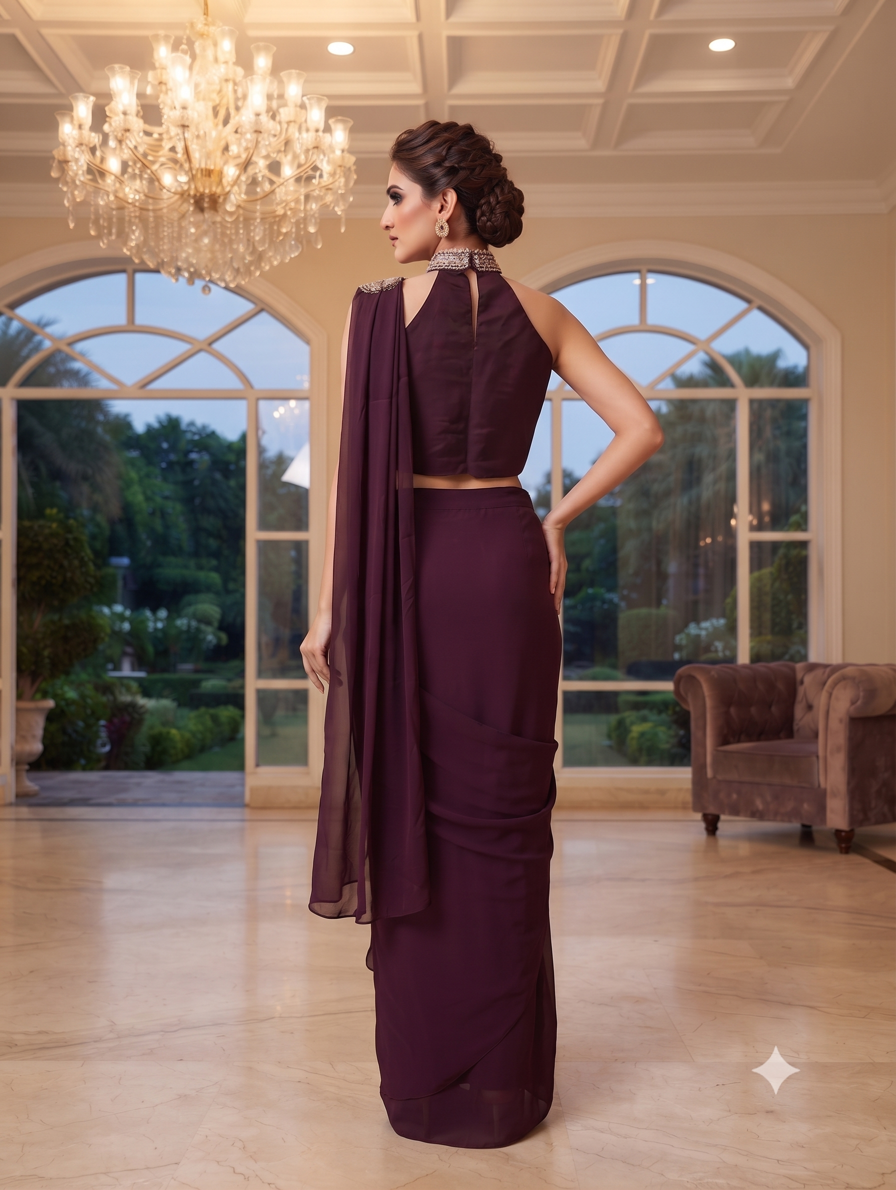 Royal Wine Designer Pre-Draped Halter Saree - Image 3